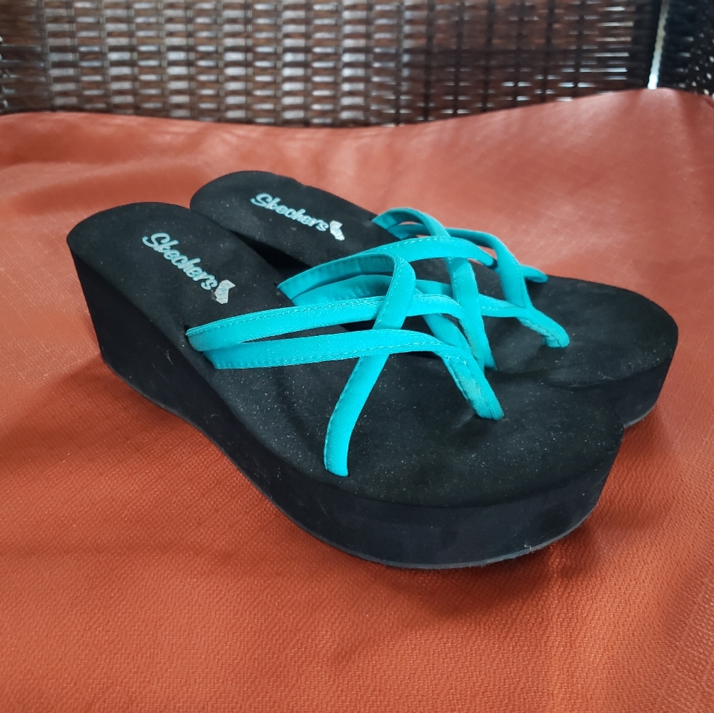 EUC Skechers Flip Flops' Heels Size 10 Blue/Blk